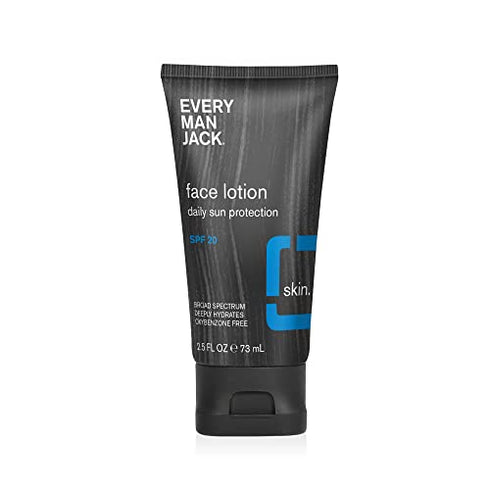 Every Man Jack SPF 20 Daily Sun Protection Face Lotion for Dry or Irritated Skin - Water and Sweat Resistant, Fragrance Free, Non-Greasy, Oxybenzone Free, UVA/UVB Full Spectrum Protection - Enriched with Aloe and Vitamins E & C - 2.5-ounce