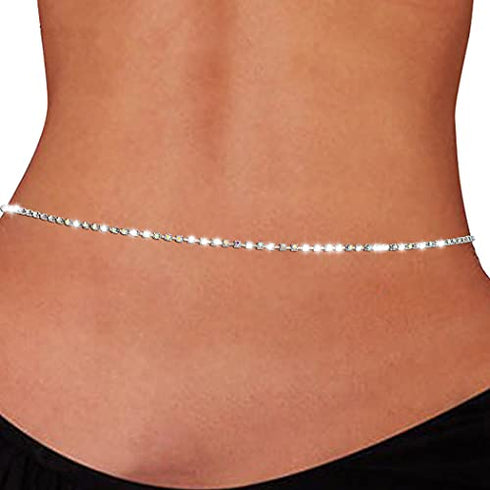 Sethain Rhinestone Body Chain Gold Shiny Crystal Belly Waist Chains Stomach Chain Body Jewelry Accessories for Women and Girls (Silver)