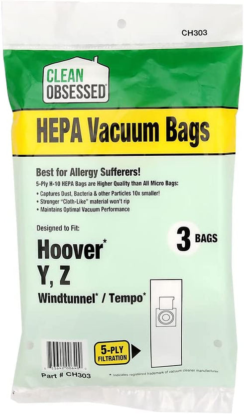 Clean Obsessed H-10 HEPA Bags Fits Hoover Type Y, Z Windtunnel & Tempo - 3 Cloth-Like HEPA Bags per package