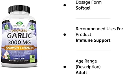 Odorless Pure Garlic 3000 mg per Serving Maximum Strength 150 Soft gels Promotes Healthy Cholesterol Levels Immune System Support