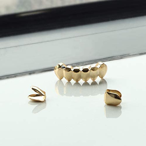 TSANLY Gold Grillz Mouth Teeth 24K Plated Gold Custom Fit Top & Bottom Set Caps Grillz for Women Gift + Extra Molding Bars + Microfiber Cloth