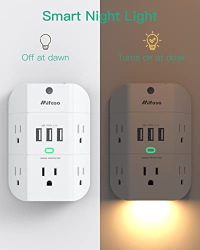 Outlet Extender with Night Light, 5-Outlet Surge Protector with 3 USB Charging Ports, 1800J Power Strip Multi Plug Outlets Wall Adapter Expander with Spaced Outlets for Home, School, Office