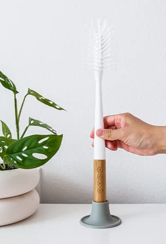 SOMA Long, Curved-Head Bottle Brush with Silicone Stand and Bamboo Handle, 14"", Gray"