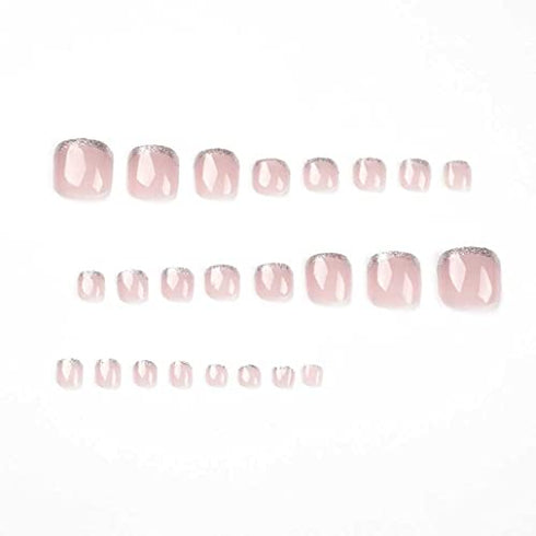 Foccna Square Press on Toenails , French Fake Toenails , Nude Toenails Press on Nails Acrylic Fake Toe Nails ,Foot False Nails Glitter Press on Toe Nail Tips 24pcs