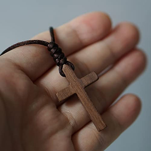 Natural Walnut Wood Cross Pendant Necklace for Men Women Boy Girl Children Kids Teens Gift Necklace Wooden Car Rearview Mirror Pendant