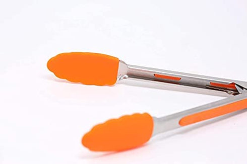 7-Inch Mini Silicone Kitchen Stainless Steel Tongs - Set of 3 (Red, Orange, Purple) - Mini Tongs for Serving Food, Cooking, Salad and Grilling