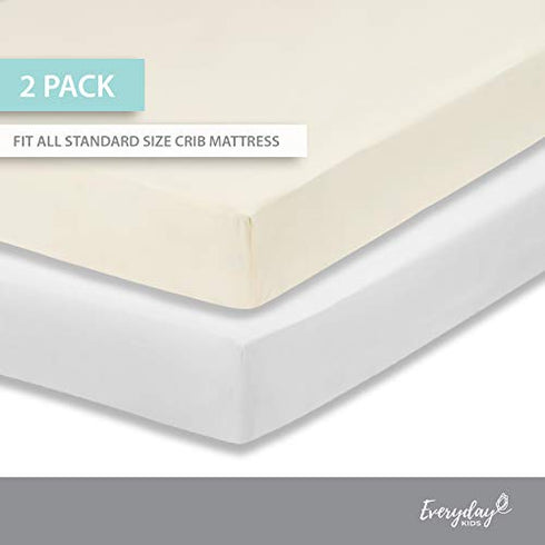 Everyday Kids 2-Pack Fitted Crib Sheets, 100% Soft Breathable Microfiber Baby Sheet, Fits Standard Size Crib Mattress 28in x 52in, White Nursery Sheet and Beige Nursery Sheet