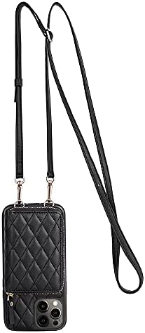 LAMEEKU Wallet Case Compatible with iPhone 12 Pro Max, Card Holder Case with Crossbody Strap Leather Handbag Case for Women Protective Case Compatible with iPhone 12 Pro Max 6.7''-Black