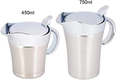 FOXDISK 304 Stainless Steel Double Insulated Gravy Boat 16 oz with Hinged Lid,Sauce Jug and Steak Sauce Pot Double Walled Insulated Thermal (16 oz/450ml)