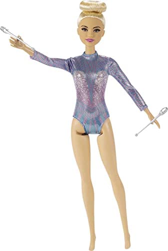 Barbie Rhythmic Gymnast Blonde Doll (12-in) with Colorful Metallic Leotard, 2 Clubs & Ribbon Accessory, Great Gift for Ages 3 Years Old & Up