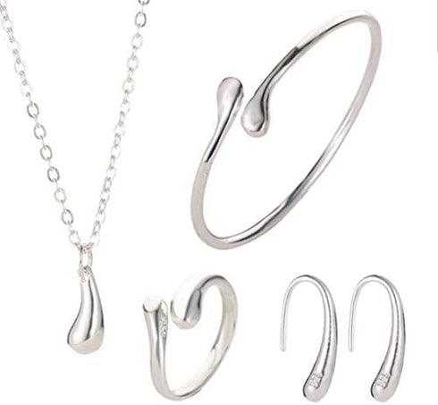 4PCS 925 Sterling Silver Jewelry Set for Women Teardrop Pendant Necklace Earrings Bracelet Ring Fit with Party Meeting Dating Wedding Daily Birthday Gift
