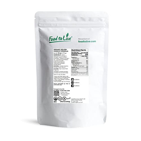Organic Golden Crunchy Granola, 6 Ounces - Small Batch, Handcrafted, Bulk, Great as Snack and for Breakfast Cereals, Contains Hazelnuts, Pecan Nuts, Almonds, Coconut, Flax and Sunflower Seeds