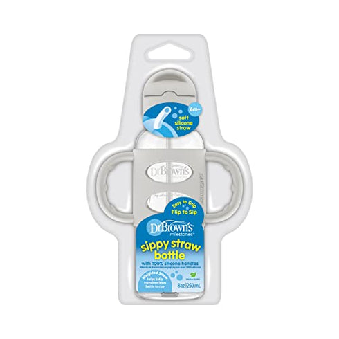 Dr. Brown’s® Milestones™ Narrow Sippy Straw Bottle with 100% Silicone Handles, 8oz/250mL, Gray, 1 Pack, 6m+