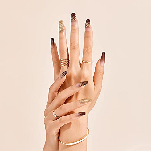 Gold Finger Gel Glam Design Nail Press On Nails, Gel Nail Kit, Polish Free Manicure Long Length (GD18)