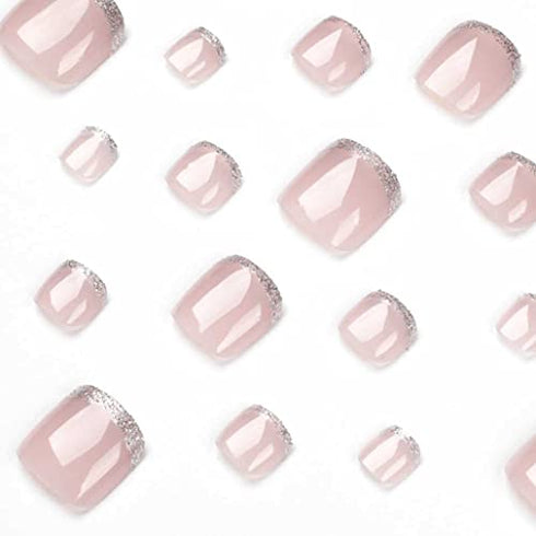 Foccna Square Press on Toenails , French Fake Toenails , Nude Toenails Press on Nails Acrylic Fake Toe Nails ,Foot False Nails Glitter Press on Toe Nail Tips 24pcs