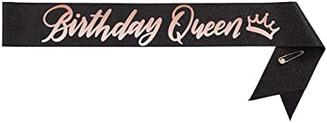 xo, Fetti Birthday Queen Sash + Tiara - Black Glitter + Rose Gold Foil | Birthday Party Decorations - 16th, 21st, 30th, 40th, 50th, Girl
