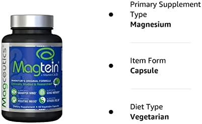 Magtein Magnesium L- Threonate - Bioavailable and 100% Water Soluble Magnesium - Clear Brain Fog, Improve Memory, Focus and Attention, Support Sleep and Mood – 30 Day Supply- 60 ct. Veggie Capsules
