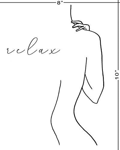 Abstract Minimalist"Relax, Unwind" Wall Decor - Set of 2-8"x10" UNFRAMED Prints - Modern, Minimal, Black And White Line Art - Female Figure Silhouette - Bathroom Wall Decor