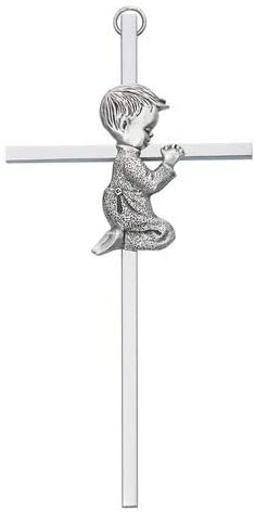 Silver Tone Cross with Praying Boy, 6 Inch