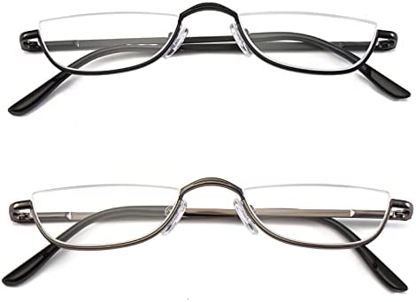 KoKoBin Half Reading Glasses - 2 Pairs Half Rim Metal Frame Glasses Spring Hinge Readers for Men and Women, Black+Gunmetal 2.00
