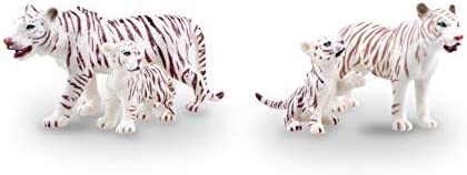 TOYMANY 4PCS Realistic White Tigers Figurines with Tiger Cubs, 2-6" Jungle Animals Figures Family Set Includes Baby Tigers, Educational Toy Cake Toppers Christmas Birthday Gift for Kids Toddlers