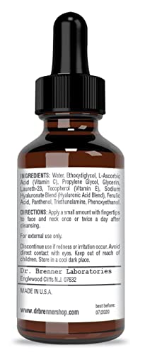 Vitamin C Serum 20% Pure L-Ascorbic Acid, Ferulic Acid, Vitamin E and Hyaluronic Acid for Face and Eyes Natural Anti Aging Anti Wrinkle 1oz. by Dr. Brenner (1 oz)