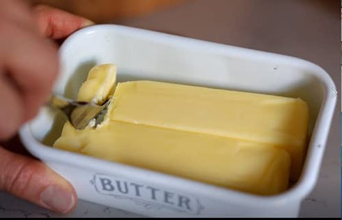 ThePerfectPicks Farmhouse Butter Dish with Lid for Countertop, Butter Keeper & Holder, Butter Container for Fridge with Wooden Freshness Seal, Enhance Kitchen Decor, Holds Two Sticks of Butter