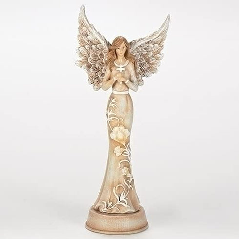 Embossed Blossom Flowers Angel 11 inch Resin Stone Table Top Figurine Statue