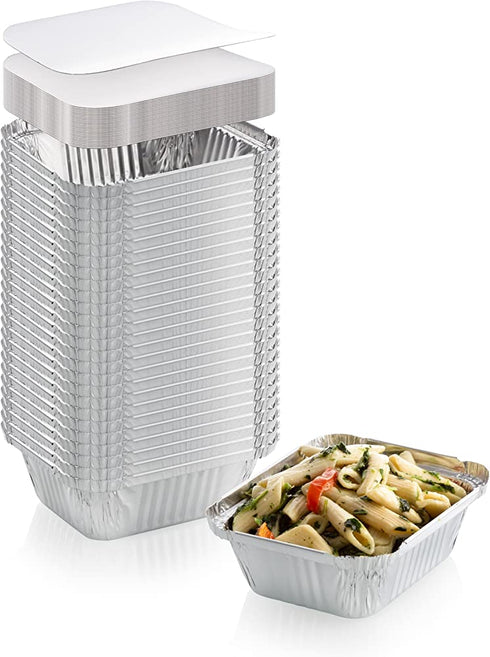 50-Pack Heavy Duty Disposable Aluminum Oblong Foil Pans with Lid Covers | 100% Recyclable Tin Food Storage Tray | Extra-Sturdy Containers for Cooking, Baking, Meal Prep, Takeout 1 LB 5 x 4 x 2