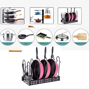 MDHAND Pan Organizer Rack for Cabinet, Pan Pot Lid Organizer Rack with 5 Adjustable Dividers, Kitchen Cookware Storage Rack