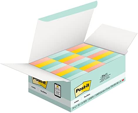Post-it Notes, 1.5x2 in, 24 Pads, America's #1 Favorite Sticky Notes, Beachside Café Collection, Pastel Colors, Clean Removal, Recyclable (654-14AU)