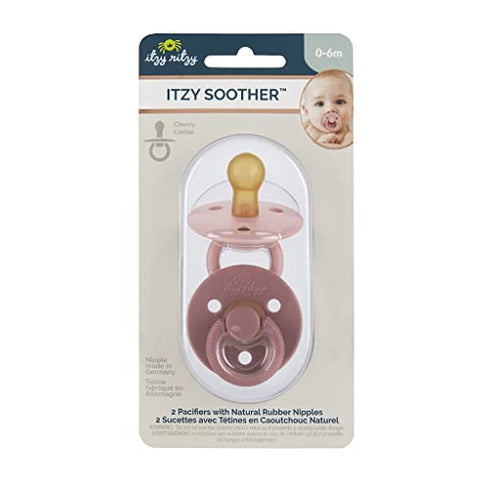 Itzy Ritzy Natural Rubber Pacifiers, Set of 2 – Natural Rubber Newborn Pacifiers with Cherry-Shaped Nipple & Large Air Holes for Added Safety; Set of 2 in Blossom & Rosewood, Ages 0 – 6 Months