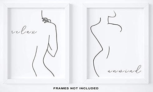 Abstract Minimalist"Relax, Unwind" Wall Decor - Set of 2-8"x10" UNFRAMED Prints - Modern, Minimal, Black And White Line Art - Female Figure Silhouette - Bathroom Wall Decor