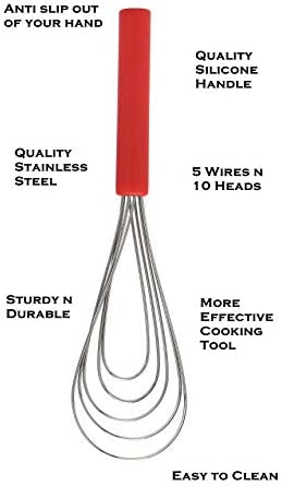 Flat Whisk Silicone Handle Non Slip 10" - 5 Wires Whisk with 10 Heads for Kitchen Cooking Color Red by Jell-Cell