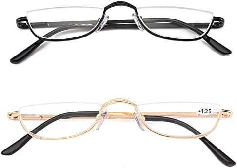 KoKoBin Half Reading Glasses - 2 Pairs Half Rim Metal Frame Glasses Spring Hinge Readers for Men and Women, Black+Gold 3.00