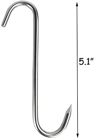 Tinsow 2pcs Stainless Steel Double Hooks + 3pcs S-Hooks for Bacon Hams Meat Processing Butcher Hook Hanging Drying BBQ Grill Cooking Smoker Hook Tool