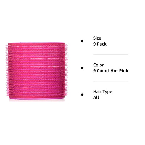 Conair Self Grip Extra Large Hair Rollers, Hair Curlers, Self Grip Hair Rollers, Hot Pink, 9 Pack with Storage Bag