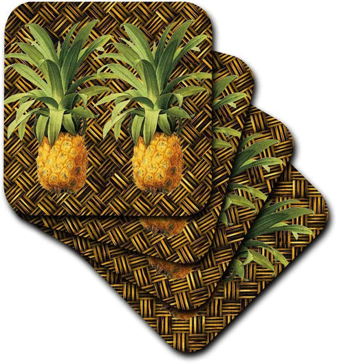 3dRose CST_220881_1 A Pair of Juicy Tropical Pineapples Botanical Illustration Soft Coasters (Set of 4)