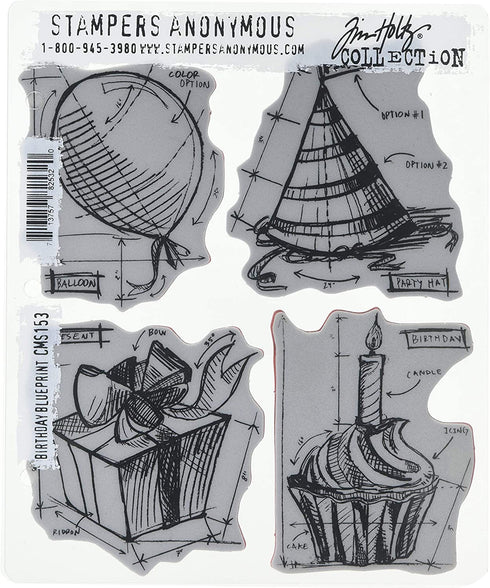 Stampers Anonymous Tim Holtz Cling Rubber Stamp Set, 7 by 8.5-Inch, Birthday Blueprint