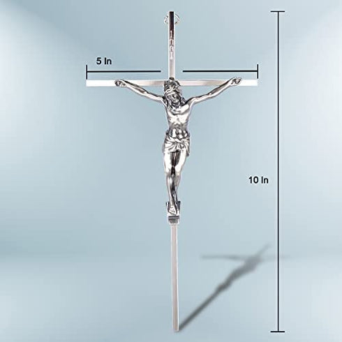 ACHIBANG Crucifix Wall Cross, Catholic Metal Crosses Wall Decor - 10 Inch - Shiny Silver