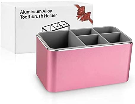 Toothbrush Holder with Draining Tray, Multi-Functional 5 Slots Aluminum Alloy Toothbrush Holder for Bathroom, Vanity Countertops and Office Desk (Rose Gold)