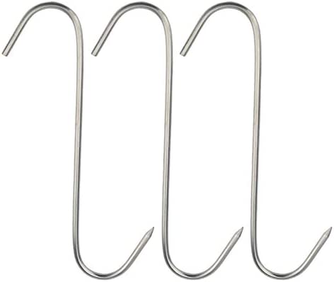 Tinsow 2pcs Stainless Steel Double Hooks + 3pcs S-Hooks for Bacon Hams Meat Processing Butcher Hook Hanging Drying BBQ Grill Cooking Smoker Hook Tool