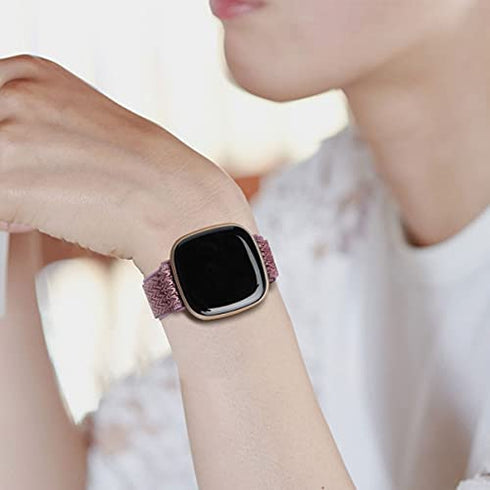 UHKZ 4 Pack Elastic Nylon Bands Compatible with Fitbit Versa 3/Fitbit Sense,Stretchy Fabric Sport Band for Fitbit Versa Smart Watch for Women Men,Black/Rose Pink/White/Smokey Mauve