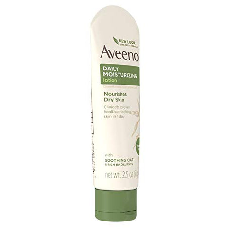 Aveeno Daily Moisturizing Body Lotion with Soothing Oat and Rich Emollients to Nourish Dry Skin, Fragrance-Free, 2.5 fl. oz