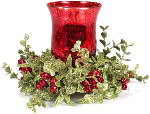 Ganz Kissing Krystals Small Red Mecury Glass Hurrican Candle Holder and Mistletoe Set