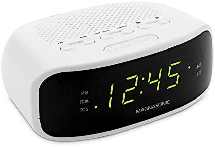 Magnasonic Digital AM/FM Clock Radio with Battery Backup, Dual Alarm, Sleep & Snooze Functions, Display Dimming Option,White (EAAC201)