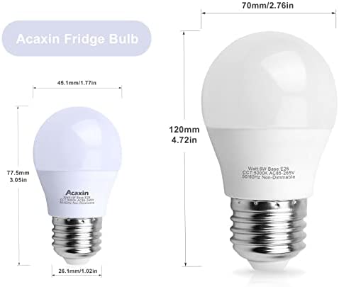 Acaxin LED Refrigerator Light Bulb 4W 40Watt Equivalent, Waterproof Frigidaire Freezer LED Light Bulb IP54, 120V E26 Daylight White 5000K 400 Lumen, Energy Saving A15 Appliance Fridge Bulbs, 2 Pack