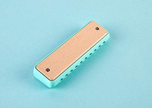 Hape Blues Harmonica | 10 Hole Wooden Musical Instrument Toy for Kids, Blue-Green (E8916)