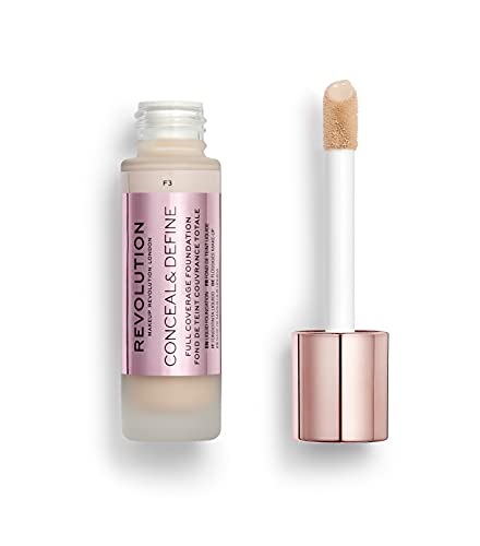 Makeup Revolution Conceal & Define Foundation, Cream Foundation Makeup, Full Coverage, For Fair Skin Tones, Vegan & Cruelty-Free, F3, 23ml