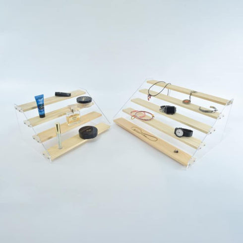 NC Display Shelf Stand 45 Steps, Clear Acrylic Riser Shelves Wood Acrylic Storage for Figure Collection Cupcake Desserts Holder Cosmetics Perfume Jewelry Organizer Rack (4Steps), Beige-04-small